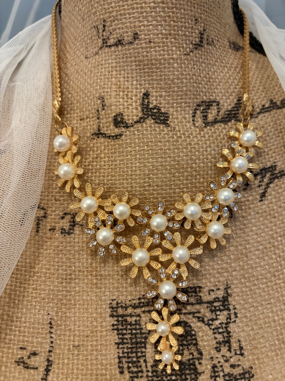 Gold Pearl Floral Statement Necklace - Women Jewelry